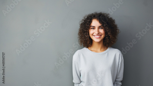 portrait of a happy young brunette woman with curly hair smiling isolated over gray background photo