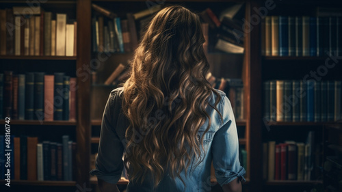 woman with a book and books in a library, learning and study.