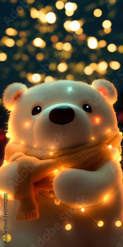 Christmas bear with a scarf surrounded by christmas lights