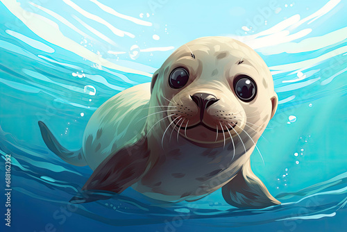 A baby seal pup swimming in the ocean, its eyes wide with curiosity and its whiskers twitching (Illustration, Drawing)