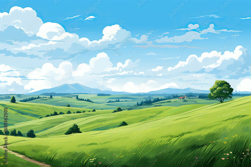 A peaceful and serene countryside with rolling hills and a clear blue sky. (Illustration, Drawing)