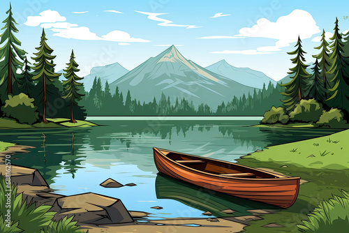 An image of a small wooden boat in a lake surrounded by lush green trees and mountains in the background (Illustration, Drawing)