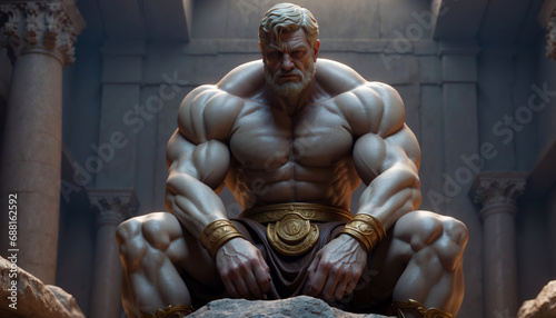A hulking, muscular giant in a temple.