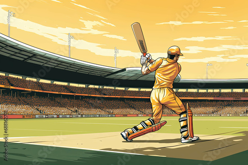 Cricket player hitting a six with a packed stadium. (Illustration, Drawing) photo