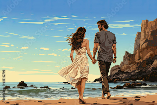 Couple walking on the beach from behind (Illustration, Drawing) photo