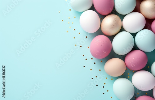 easter eggs and frame surrounded on a blue table,