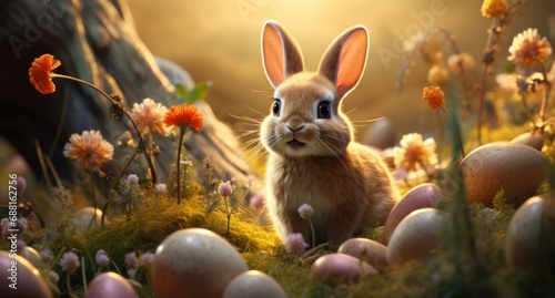 easter eggs with ears, a grass and flowers