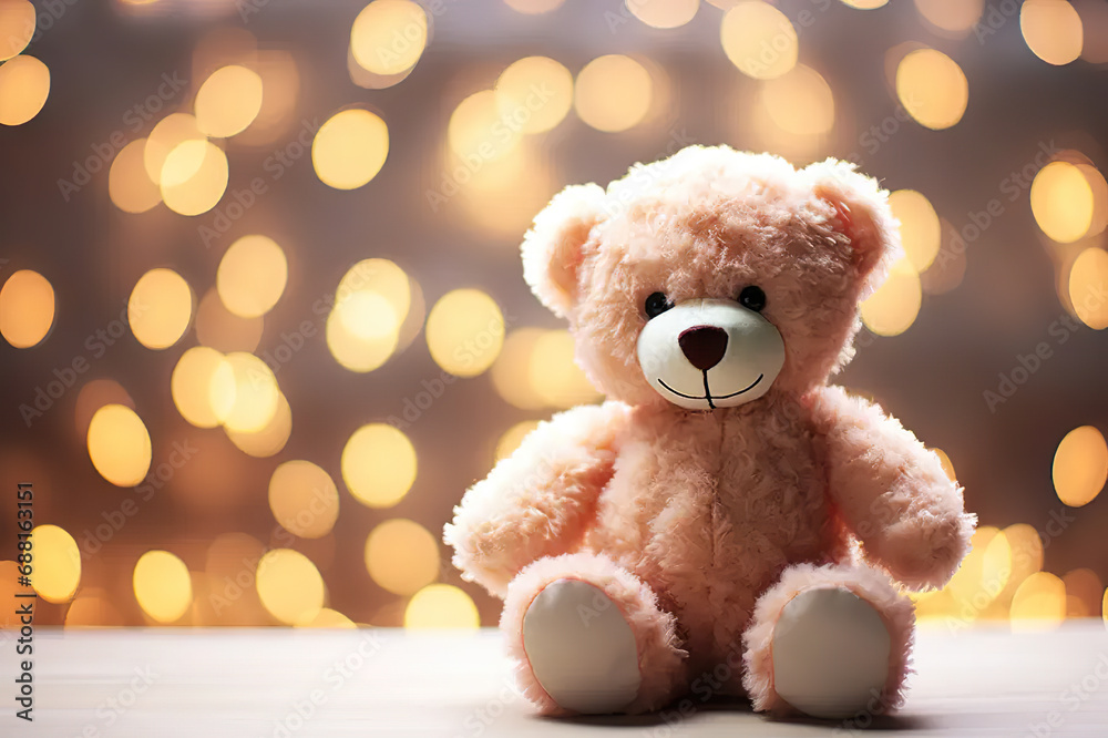 Whimsical Charm Adorable Toy Teddy Bear Sitting on a Delightful Bokeh Background, Eliciting Nostalgia and Playful Imaginations. created with Generative AI