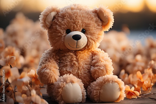 Whimsical Charm Adorable Toy Teddy Bear Sitting on a Delightful Bokeh Background, Eliciting Nostalgia and Playful Imaginations. created with Generative AI © photobuay