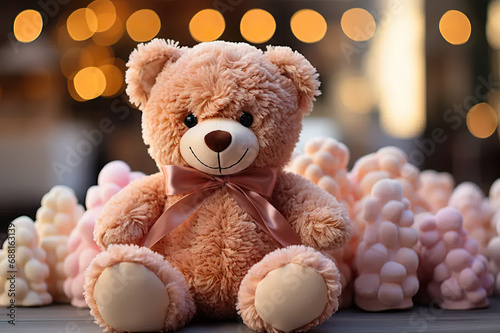 Whimsical Charm Adorable Toy Teddy Bear Sitting on a Delightful Bokeh Background, Eliciting Nostalgia and Playful Imaginations. created with Generative AI