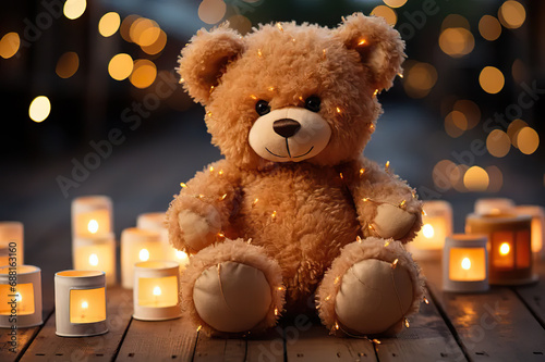 Whimsical Charm Adorable Toy Teddy Bear Sitting on a Delightful Bokeh Background, Eliciting Nostalgia and Playful Imaginations. created with Generative AI
