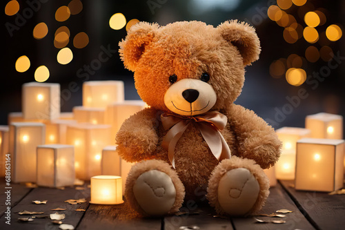 Whimsical Charm Adorable Toy Teddy Bear Sitting on a Delightful Bokeh Background, Eliciting Nostalgia and Playful Imaginations. created with Generative AI © photobuay