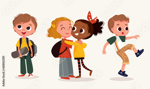 Set, group of 4 four happy children, kids in different poses, dressed in casual outfit clothes. Dancing, jumping boy, girl,creative kids. Preschoolers teenagers. Children fashion models. Kids apparel.