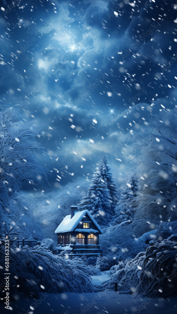 Beautiful landscape with small fairy house in the winter during snowfall in the evening. Beautiful landscape with small fairy house in the winter during snowfall in the evening.