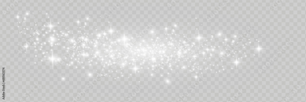 The dust sparks and white stars shine with special light. Vector sparkles on a transparent background. Christmas light effect. - obrazy, fototapety, plakaty 