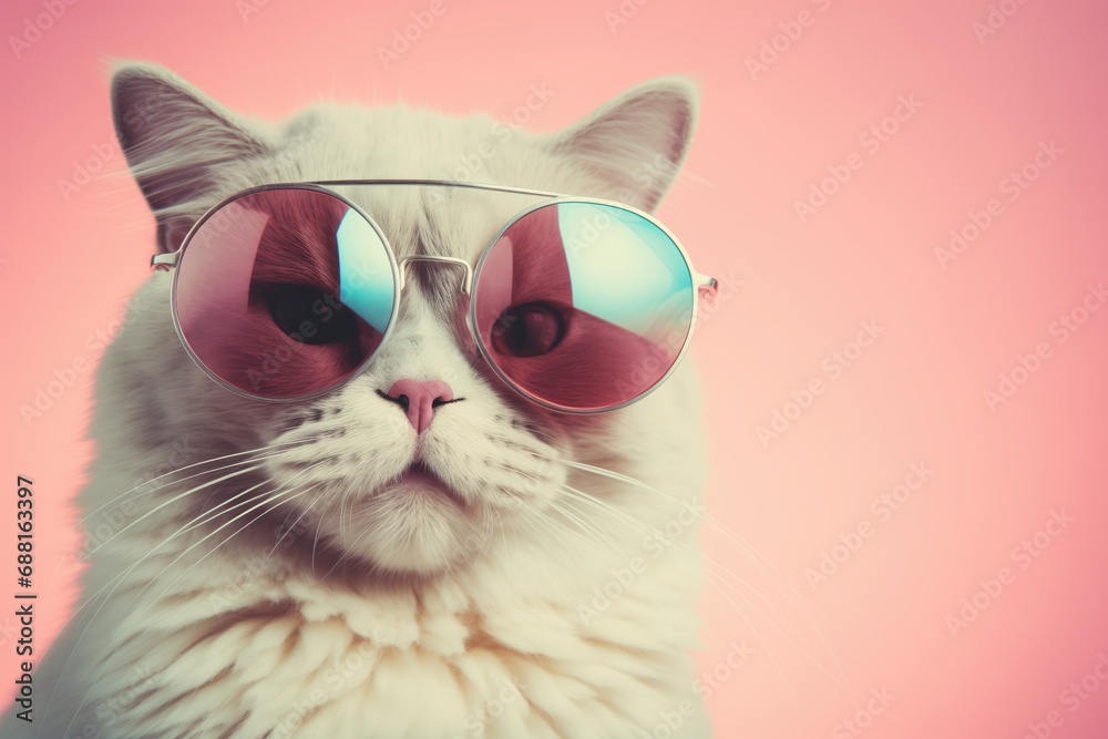 Closeup portrait of funny cat wearing sunglasses isolated on light cyan. Copyspace. Cat with sunglasses Closeup portrait of funny cat wearing sunglasses isolated on light cyan. Copyspace. Cat with sunglasses