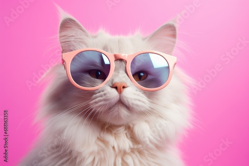 Closeup portrait of funny cat wearing sunglasses isolated on light cyan. Copyspace. Cat with sunglasses