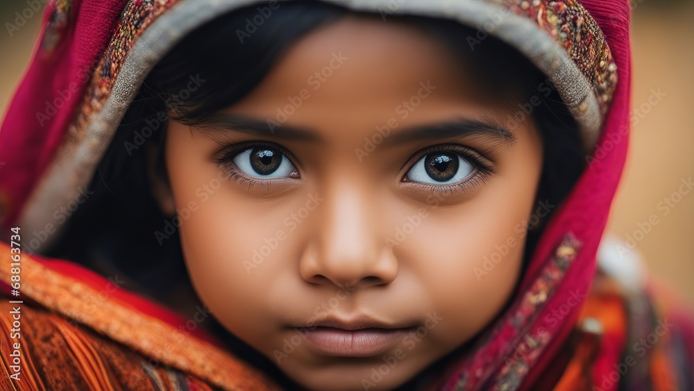 Close-up portrait of a little girl wearing a traditional headdress