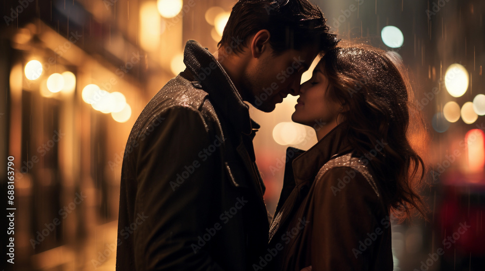 Spontaneous Kiss on a Bustling Street Captured in the Vibrant Atmosphere of a Lively City