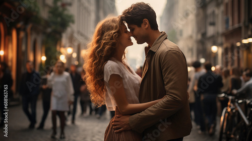 Romantic Moment Captured: Couple's Spontaneous Kiss on an Urban Street, Embracing City Life