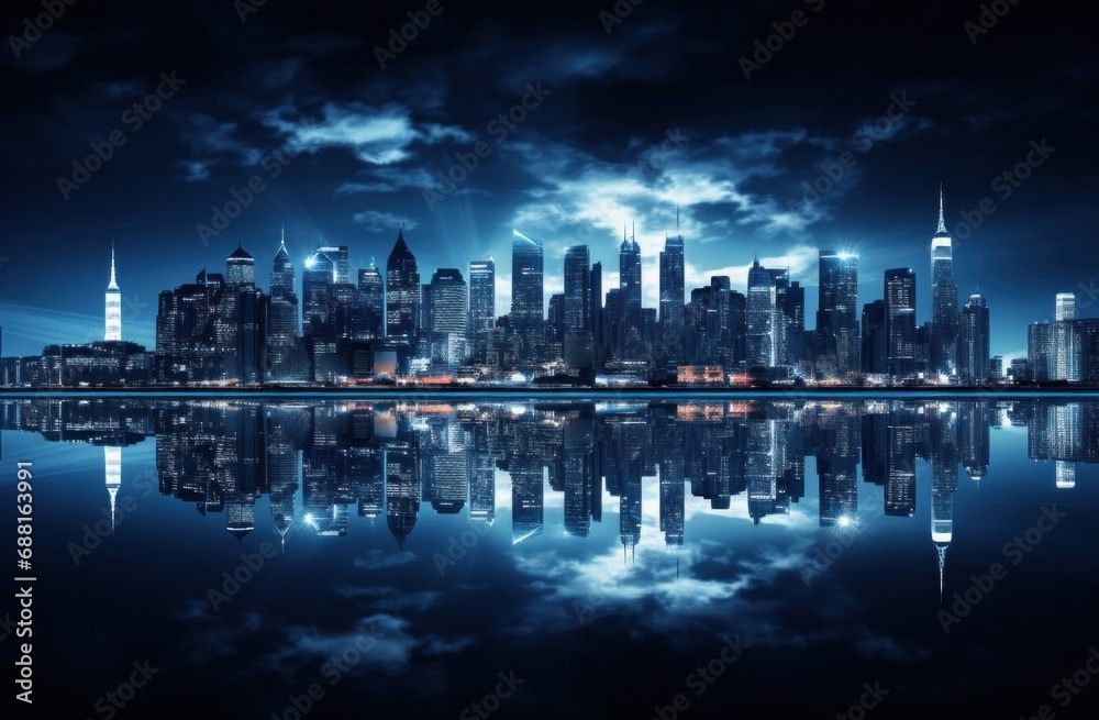 futuristic city skyline at night with the blue lights shining in the distance