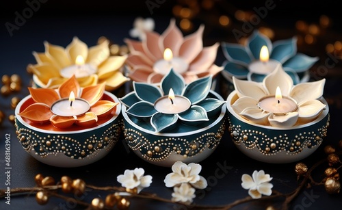 four diyas on a colorful backdrop with flowers and leaves,