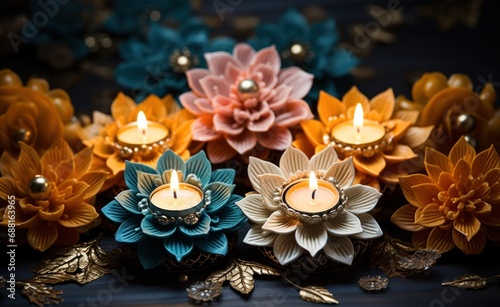four diyas on a colorful backdrop with flowers and leaves,