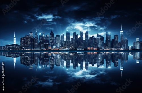 futuristic city skyline at night with the blue lights shining in the distance © olegganko