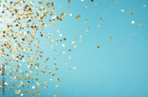 gold confetti falling over a turquoise background,