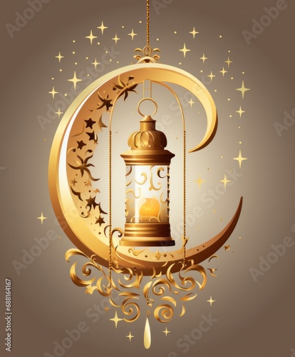 gold lantern on a gold crescent with moon hangers,