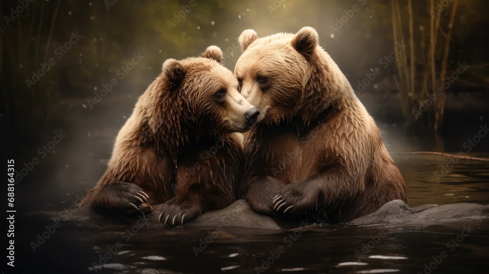Obraz premium enchanting scene of bears in love's embrace, showcasing the tenderness of wildlife romance in a captivating and emotional photograph.