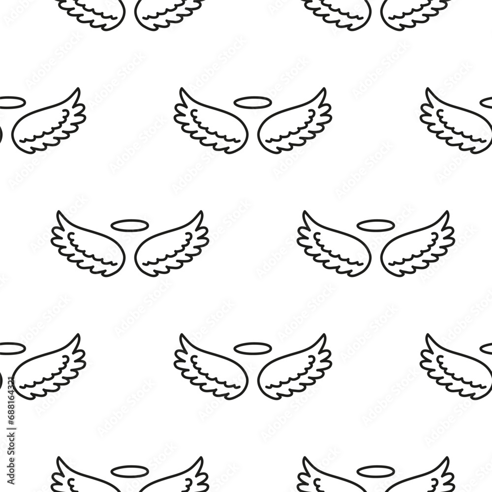 Seamless pattern with angel wings and nimbus.