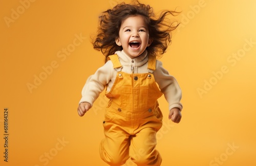 happy little girl in a pair of overalls jumping, i