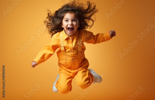 happy little girl in a pair of overalls jumping, i