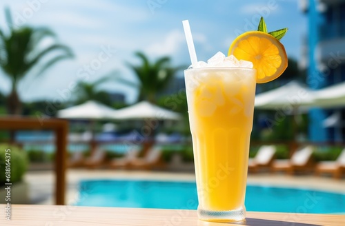 ice slush lemon drink by pool with water,