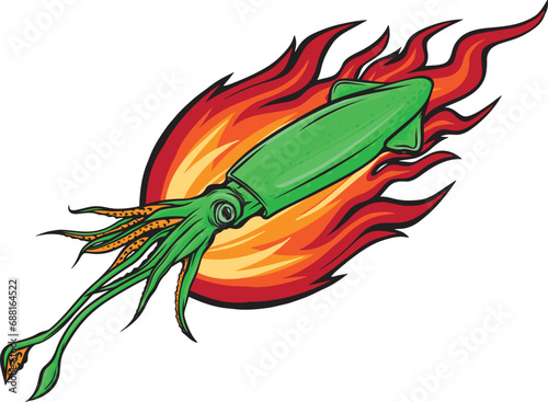 Cuttlefish sea animal design with flames