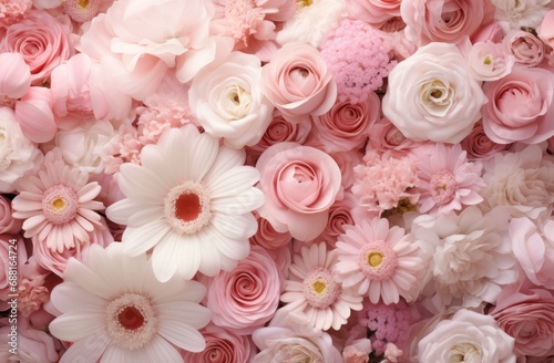 many pink and white flowers are laid out,
