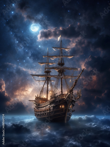 pirate ship sails through the clouds in night sky Ai art