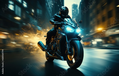 motion blur background of the motorcycle driving through an empty city, © olegganko
