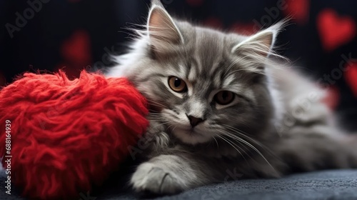 essence of love with a red knitted heart in a cat's paws. Ideal for a Valentine's Day postcard featuring a gray and black fluffy cat © pvl0707