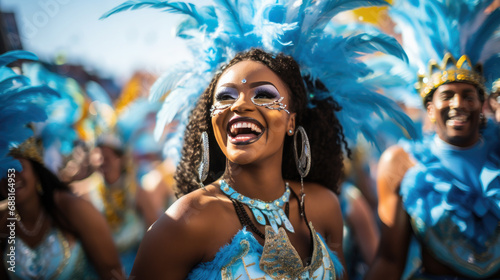 beautiful young Brazilian girl at a carnival in Brazil, fancy dress, outfit, masquerade, feathers, rhinestones, woman, makeup, portrait, smiling face, joy, happiness, dancing, sparkles, sequins