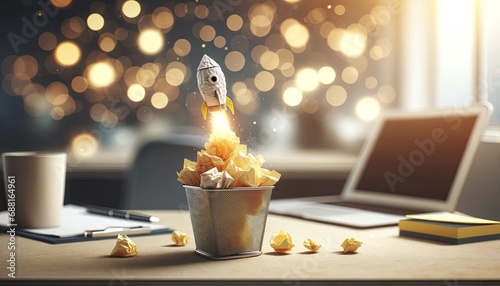 A conceptual imaginative and magical visual metaphor, a good idea rocket blasting up from a waste basket of crumpled paper to the stars of innovation