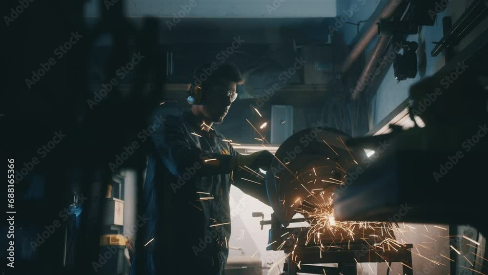 Man works circular saw. Industrial professional worker grinding metal. Craftsman sawing metal with disk grinder in workshop. Sparks fly from hot metal. Slow motion. 4K