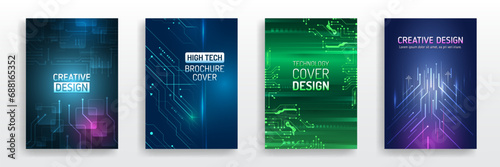 Technology covers corporate documents. Layout template science designs. Brochure, flyer, book, annual report. Blue hi-tech vector illustrations for business presentations. Futuristic business posters.