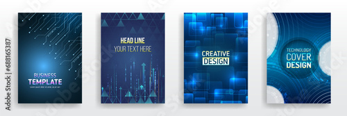 Brochure, flyer, book, annual report. Blue hi-tech vector illustrations for business presentations. Futuristic business posters. Technology covers corporate documents. Layout template science designs.