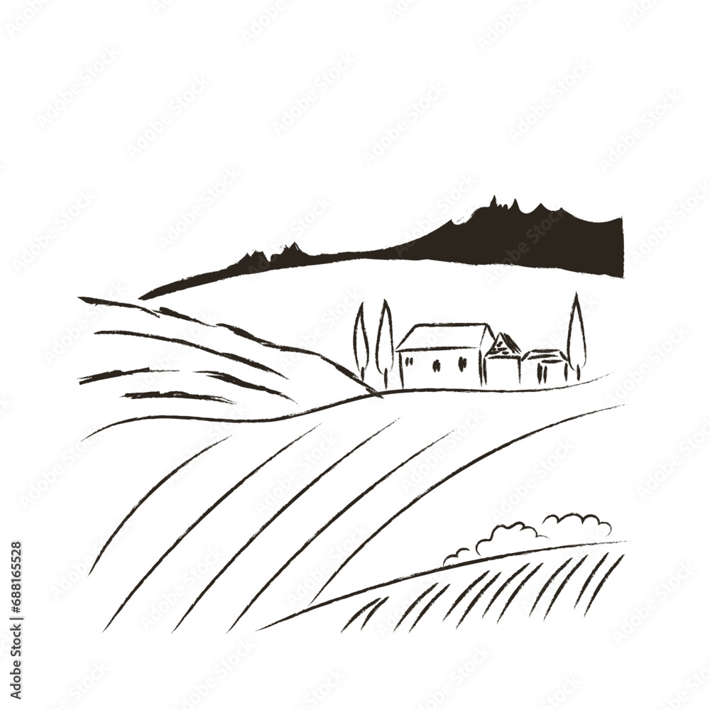 Rural landscape, house-villa-farm, trees and cypresses. Black pencil sketch. Vector flat illustration on white background
