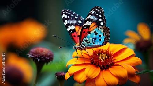 A butterfly that is brightly colored on a flower