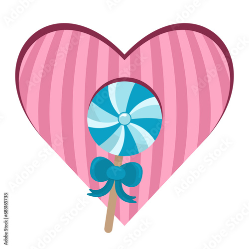 Round blue striped lollipop on large pink heart. Sweet gift, snack. The manifestation of feelings. Isolated on white background.