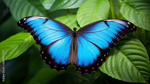 A close-up picture of a big peleides blue morpho butterfly that has beautiful blue wings and fresh foliage.