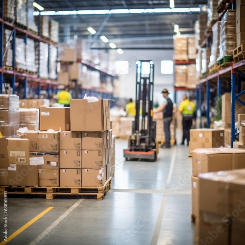 Storm transportation warehouse, boxes in storage, worker in warehouse with forklift